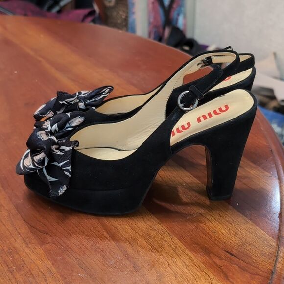 Miu Miu Black Peep Toe Sling Back Silk Bow Heels Sz 36 - Picture 3 of 16